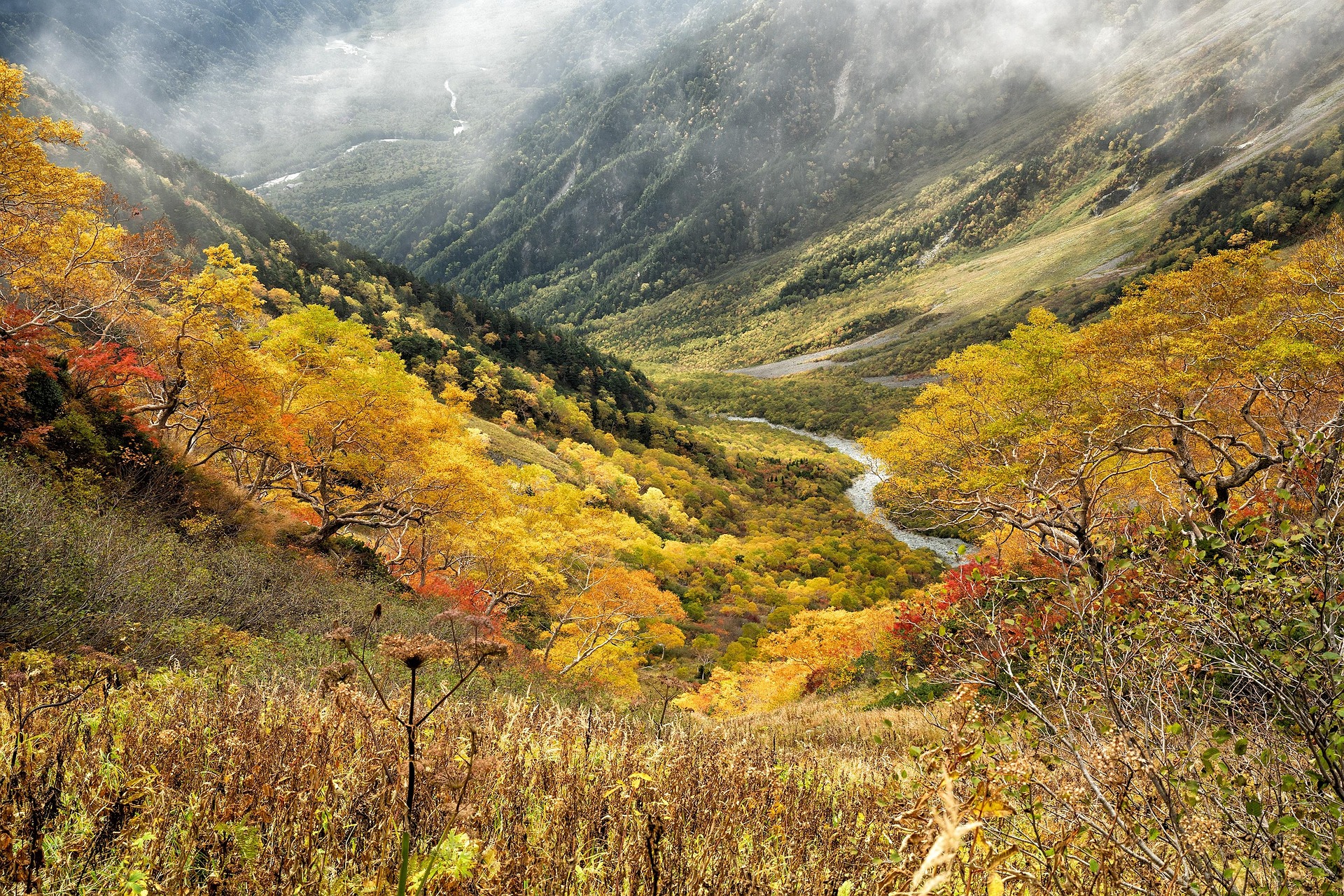 Vall&eacute;e de montagne dans les Hautes-Alpes en automne avec couleurs jaunes et rouges